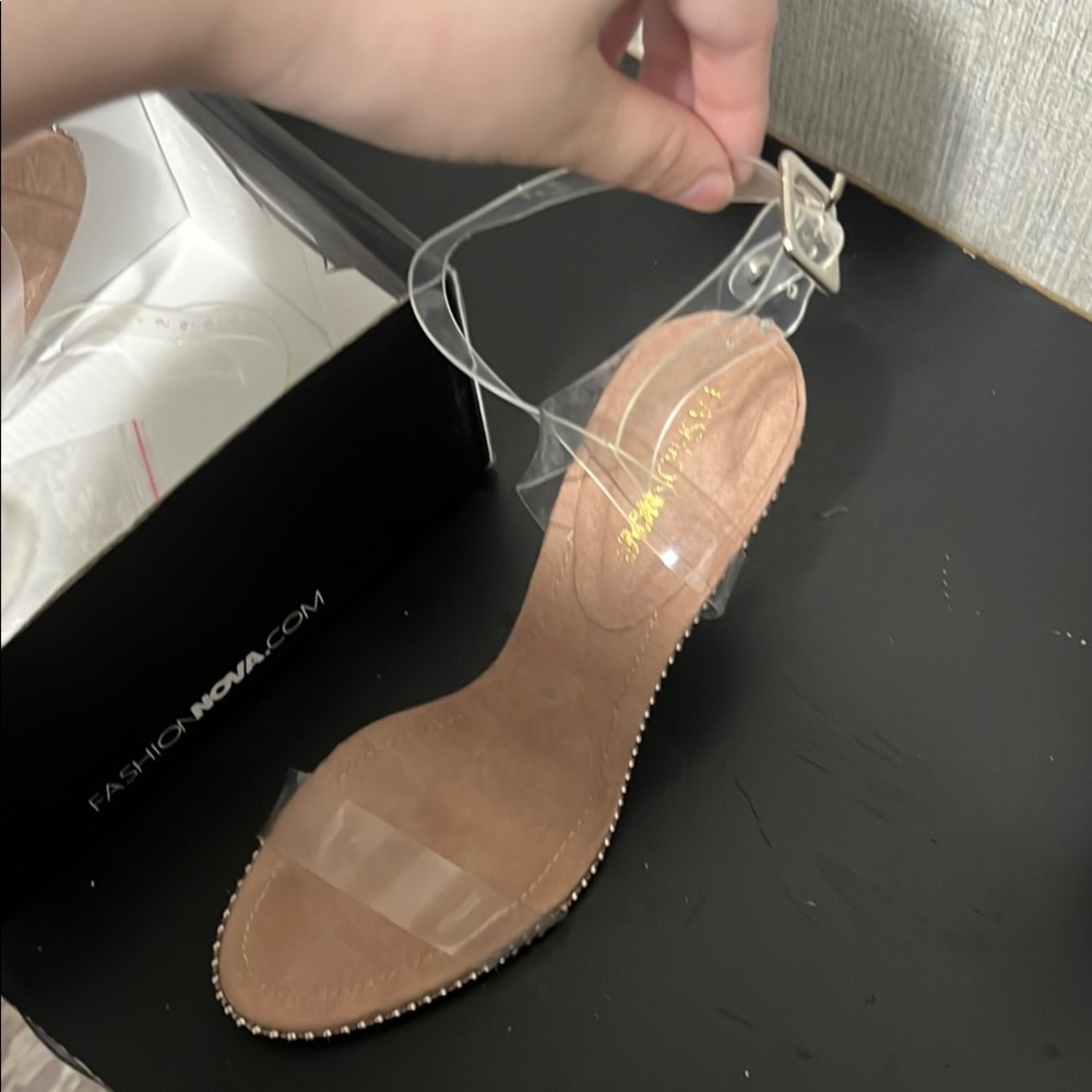 Fashion Nova Tan Heels with Transparent Straps